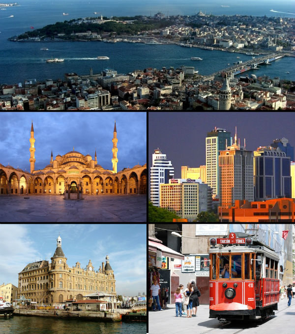 Clockwise from top: The Golden Horn between Galata and the Seraglio Point; Maslak financial district; İstiklal Avenue; Haydarpaşa Terminal; and Blue Mosque.