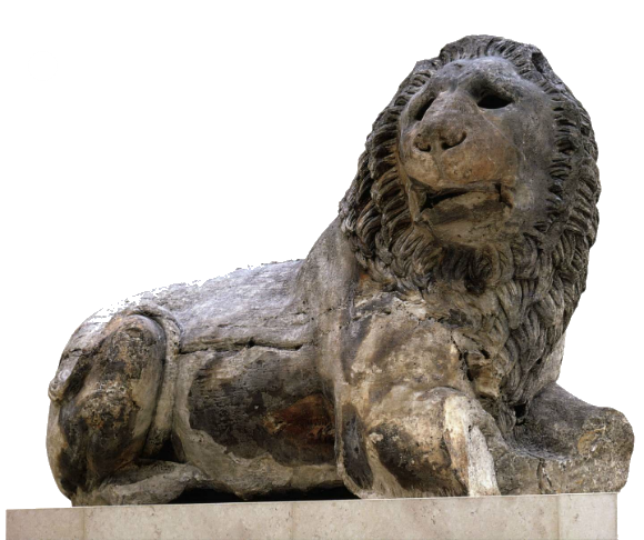 Knidos Lion "This colossal lion weighs some six tons. Made from one piece of marble, it was mounted on a base crowning a funerary monument. The monument itself was square with a circular interior chamber and a stepped-pyramid roof. It is a type of funerary monument inspired by the greater tomb of Maussollos, built about 350 BC"